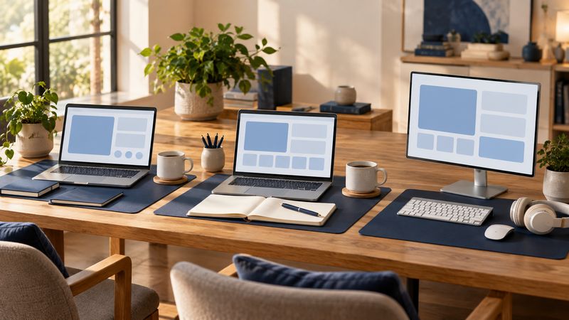 Three coordinated workstations with navy desk mats and silver computers on a shared oak desk in warm daylight.
