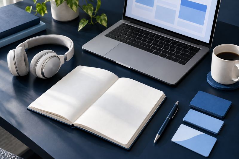 Open notebook, headphones, laptop, and blue reference cards on a navy desk