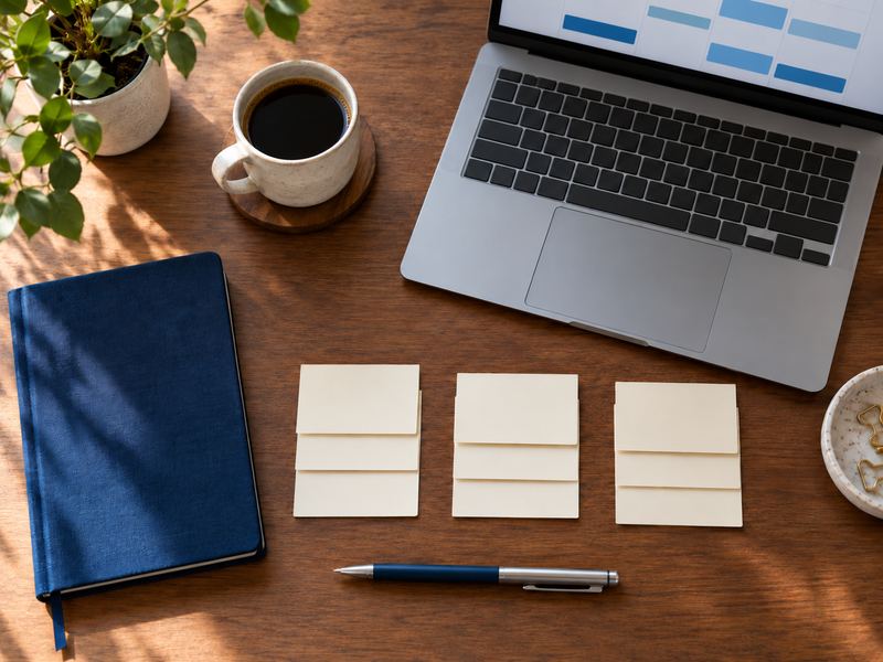 Organized workspace with a navy notebook, laptop, and task cards arranged into three groups